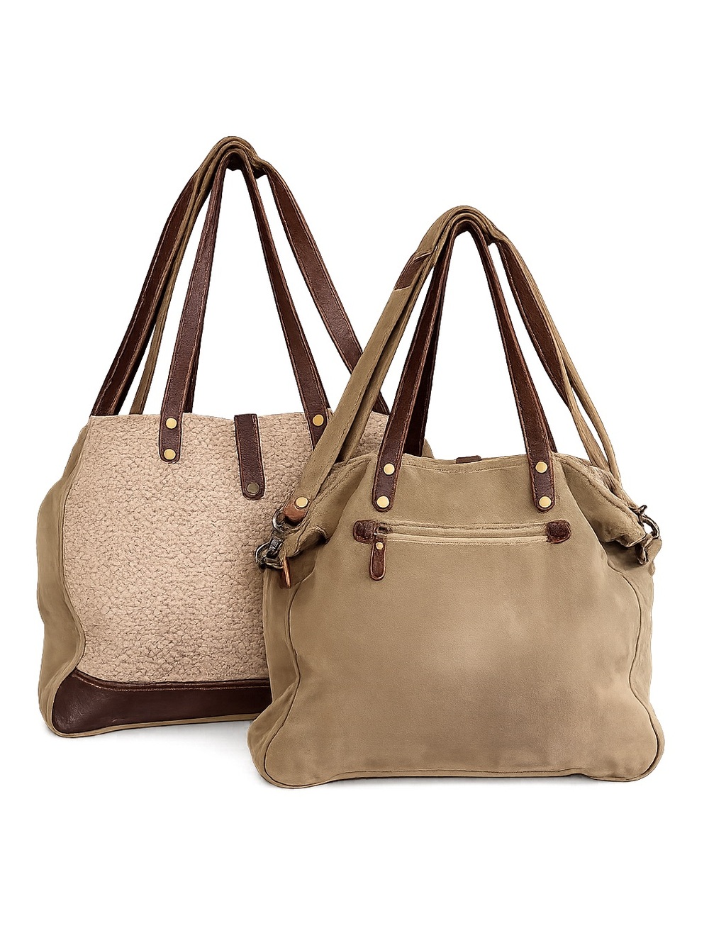 Myra Bag Brown Leather-Trimmed Travel Tote with Cream Printed Lining canvas back